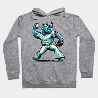 Throwback rhino pitcher - Vintage 1990s Cartoon Style Baseball Art Hoodie